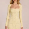 Darla Scalloped-Lace Long-Sleeve Mini Dress in Lemon Yellow
