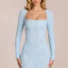 Darla Scalloped-Lace Long-Sleeve Mini Dress in Powder Blue
