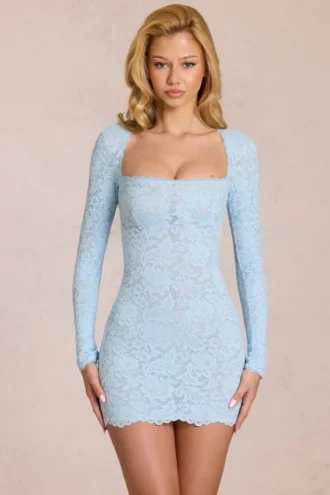 Darla Scalloped-Lace Long-Sleeve Mini Dress in Powder Blue