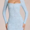 Darla Scalloped-Lace Long-Sleeve Mini Dress in Powder Blue