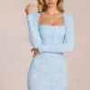 Darla Scalloped-Lace Long-Sleeve Mini Dress in Powder Blue