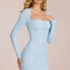 Darla Scalloped-Lace Long-Sleeve Mini Dress in Powder Blue