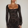 Darla Sheer Scalloped-Lace Long-Sleeve Mini Dress in Black