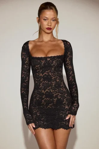 Darla Sheer Scalloped-Lace Long-Sleeve Mini Dress in Black