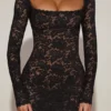 Darla Sheer Scalloped-Lace Long-Sleeve Mini Dress in Black