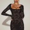 Darla Sheer Scalloped-Lace Long-Sleeve Mini Dress in Black