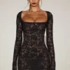 Darla Sheer Scalloped-Lace Long-Sleeve Mini Dress in Black