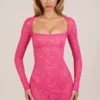 Darla Sheer Scalloped-Lace Long-Sleeve Mini Dress in Hot Pink