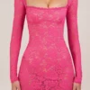 Darla Sheer Scalloped-Lace Long-Sleeve Mini Dress in Hot Pink