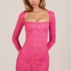 Darla Sheer Scalloped-Lace Long-Sleeve Mini Dress in Hot Pink