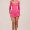Darla Sheer Scalloped-Lace Long-Sleeve Mini Dress in Hot Pink