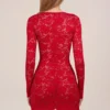 Darla Sheer Scalloped-Lace Long-Sleeve Mini Dress in Rose Red