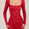 Darla Sheer Scalloped-Lace Long-Sleeve Mini Dress in Rose Red