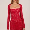 Darla Sheer Scalloped-Lace Long-Sleeve Mini Dress in Rose Red