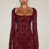 Darla Sheer Scalloped-Lace Long-Sleeve Mini Dress in Wine Red