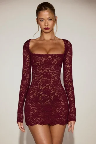 Darla Sheer Scalloped-Lace Long-Sleeve Mini Dress in Wine Red