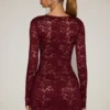 Darla Sheer Scalloped-Lace Long-Sleeve Mini Dress in Wine Red