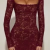 Darla Sheer Scalloped-Lace Long-Sleeve Mini Dress in Wine Red