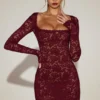 Darla Sheer Scalloped-Lace Long-Sleeve Mini Dress in Wine Red