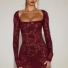 Darla Sheer Scalloped-Lace Long-Sleeve Mini Dress in Wine Red