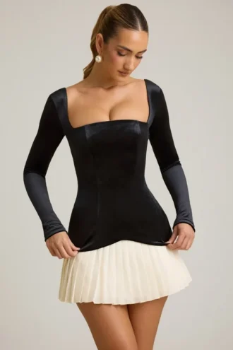 Darline Layered Pleated Corset Mini Dress in Black