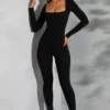 Delanie Square Neck Long Sleeve Jumpsuit in Black