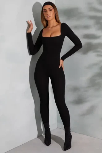 Delanie Square Neck Long Sleeve Jumpsuit in Black