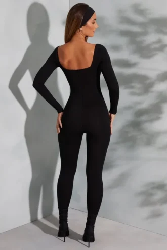 Delanie Square Neck Long Sleeve Jumpsuit in Black