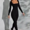 Delanie Square Neck Long Sleeve Jumpsuit in Black
