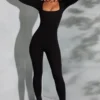 Delanie Square Neck Long Sleeve Jumpsuit in Black