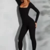 Delanie Square Neck Long Sleeve Jumpsuit in Black