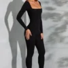 Delanie Square Neck Long Sleeve Jumpsuit in Black