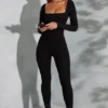 Delanie Square Neck Long Sleeve Jumpsuit in Black
