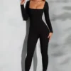 Delanie Square Neck Long Sleeve Jumpsuit in Black