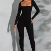 Delanie Square Neck Long Sleeve Jumpsuit in Black