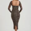 Deliana Layered Bra-Detail Ruched Midaxi Dress in Leopard Print