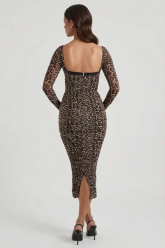 Deliana Layered Bra-Detail Ruched Midaxi Dress in Leopard Print