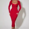 Deliana Layered Bra-Detail Ruched Midaxi Dress in Red
