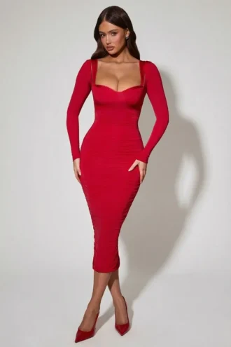Deliana Layered Bra-Detail Ruched Midaxi Dress in Red