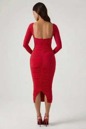 Deliana Layered Bra-Detail Ruched Midaxi Dress in Red