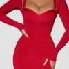 Deliana Layered Bra-Detail Ruched Midaxi Dress in Red