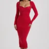 Deliana Layered Bra-Detail Ruched Midaxi Dress in Red