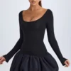 Delphi Modal Scoop-Neck Drop-Waist Bubble Hem Mini Dress in Black