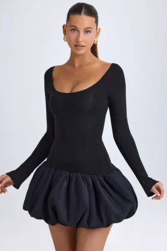 Delphi Modal Scoop-Neck Drop-Waist Bubble Hem Mini Dress in Black