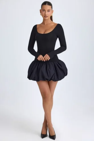 Delphi Modal Scoop-Neck Drop-Waist Bubble Hem Mini Dress in Black