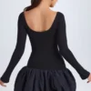 Delphi Modal Scoop-Neck Drop-Waist Bubble Hem Mini Dress in Black