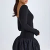 Delphi Modal Scoop-Neck Drop-Waist Bubble Hem Mini Dress in Black