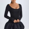 Delphi Modal Scoop-Neck Drop-Waist Bubble Hem Mini Dress in Black