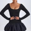 Delphi Modal Scoop-Neck Drop-Waist Bubble Hem Mini Dress in Black