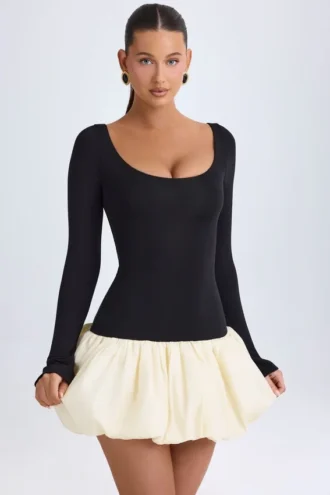 Delphi Modal Scoop-Neck Drop-Waist Bubble Hem Mini Dress in Vanilla